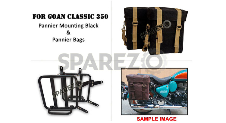 For Royal Enfield Goan Classic 350 Military Pannier Bags Golden Black and Mounting - SPAREZO For Royal Enfield Goan Classic 350 Military Pannier Bags Golden Black and Mounting - SPAREZO